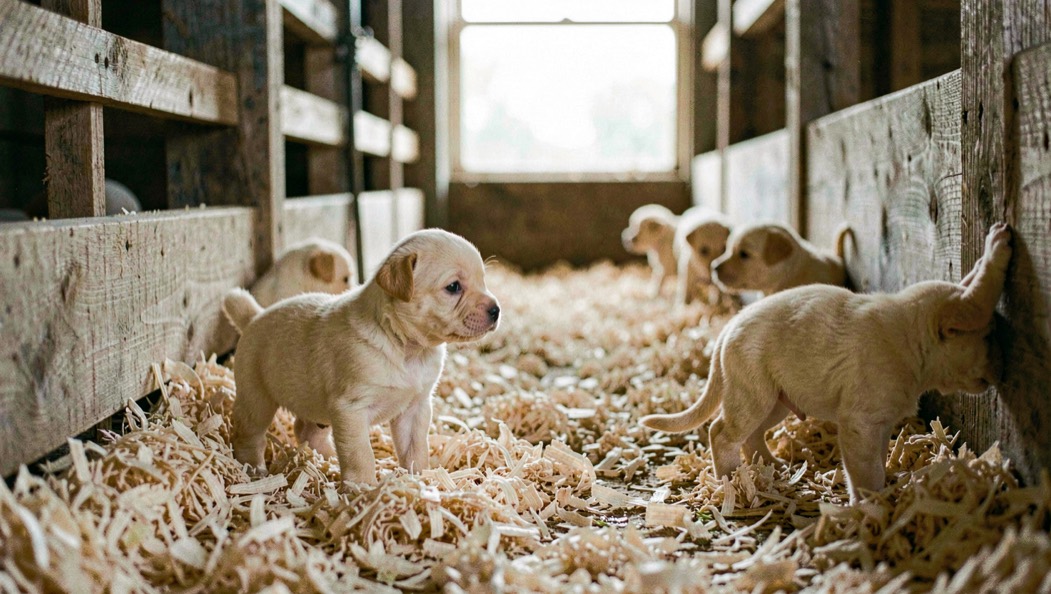 A retriever breeder visit prepared with folders, a notebook and a calm adult dog on a clean kennel path