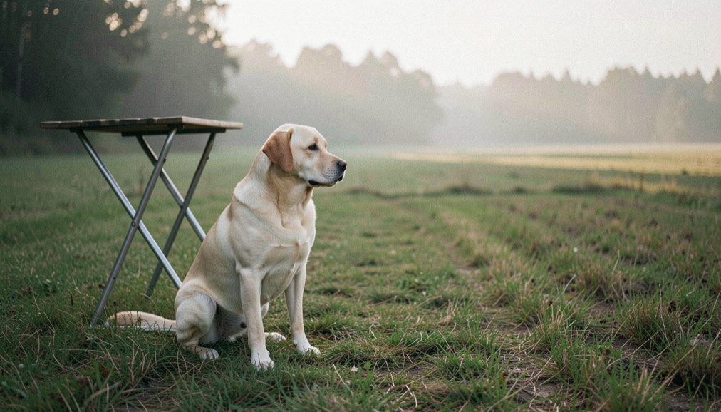 A yellow Labrador sitting steady on a mown line beside a folding stool, eyes fixed on a distant field and morning haze over the treeline