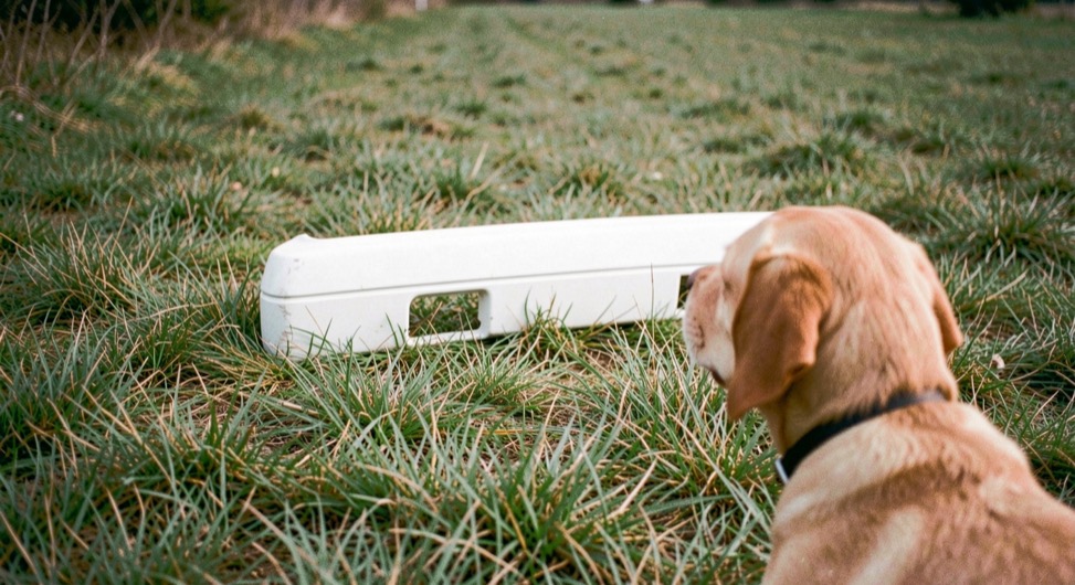 A retriever watching a mark fall across a mown field while a handler waits beside a training bag in low light